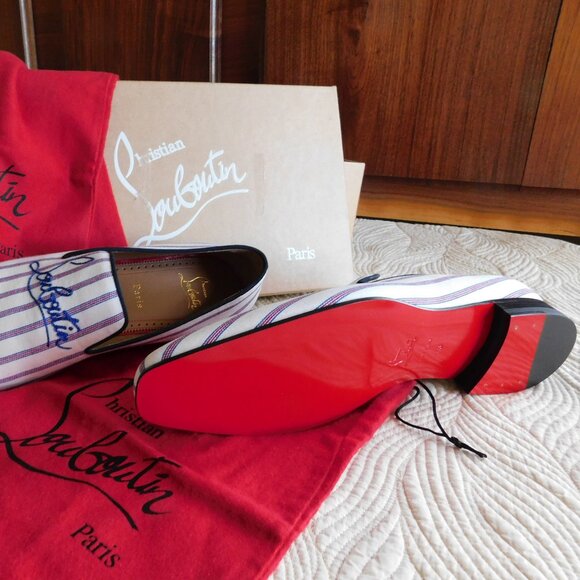 NIB Louboutin Dandelion slip on embroidered loafer Pic Nic stripe toile flat 43 - Picture 7 of 16
